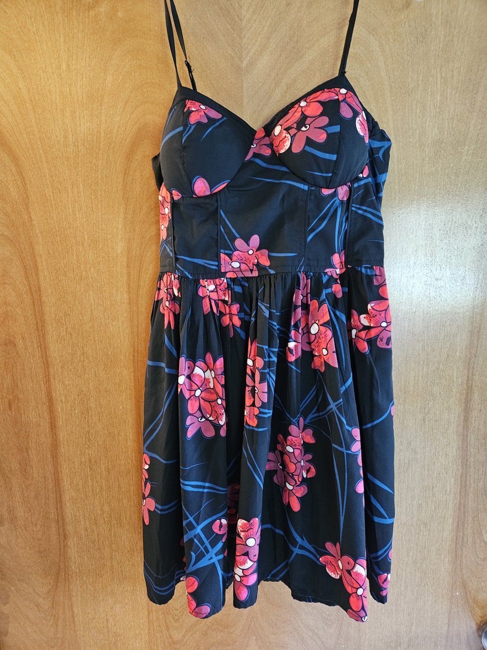 Black Floral Spaghetti-Strap Mini Dress with Pink Print